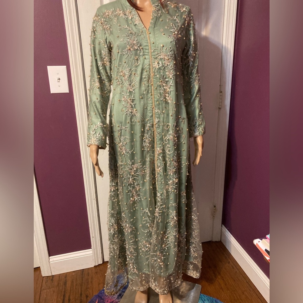 Beautiful Sage Green and Gold Custom Made Indian Gown.